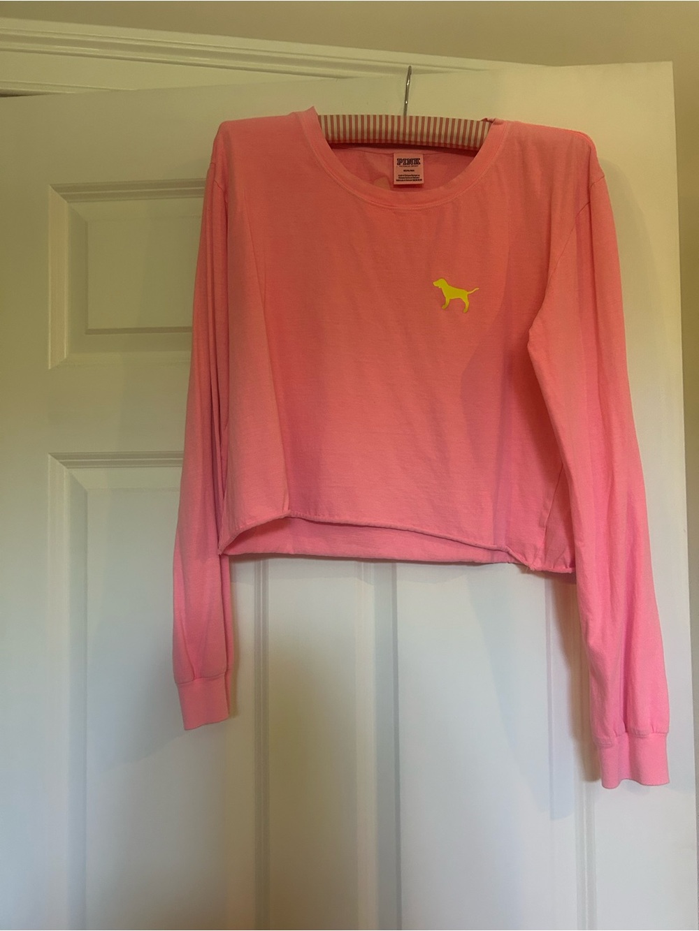 PINK Victoria's Secret Neon Pink Cropped Long-Sleeve Tee with Yellow Dog Logo